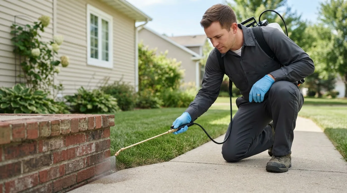 Pest control technician treating a home near King City, MO