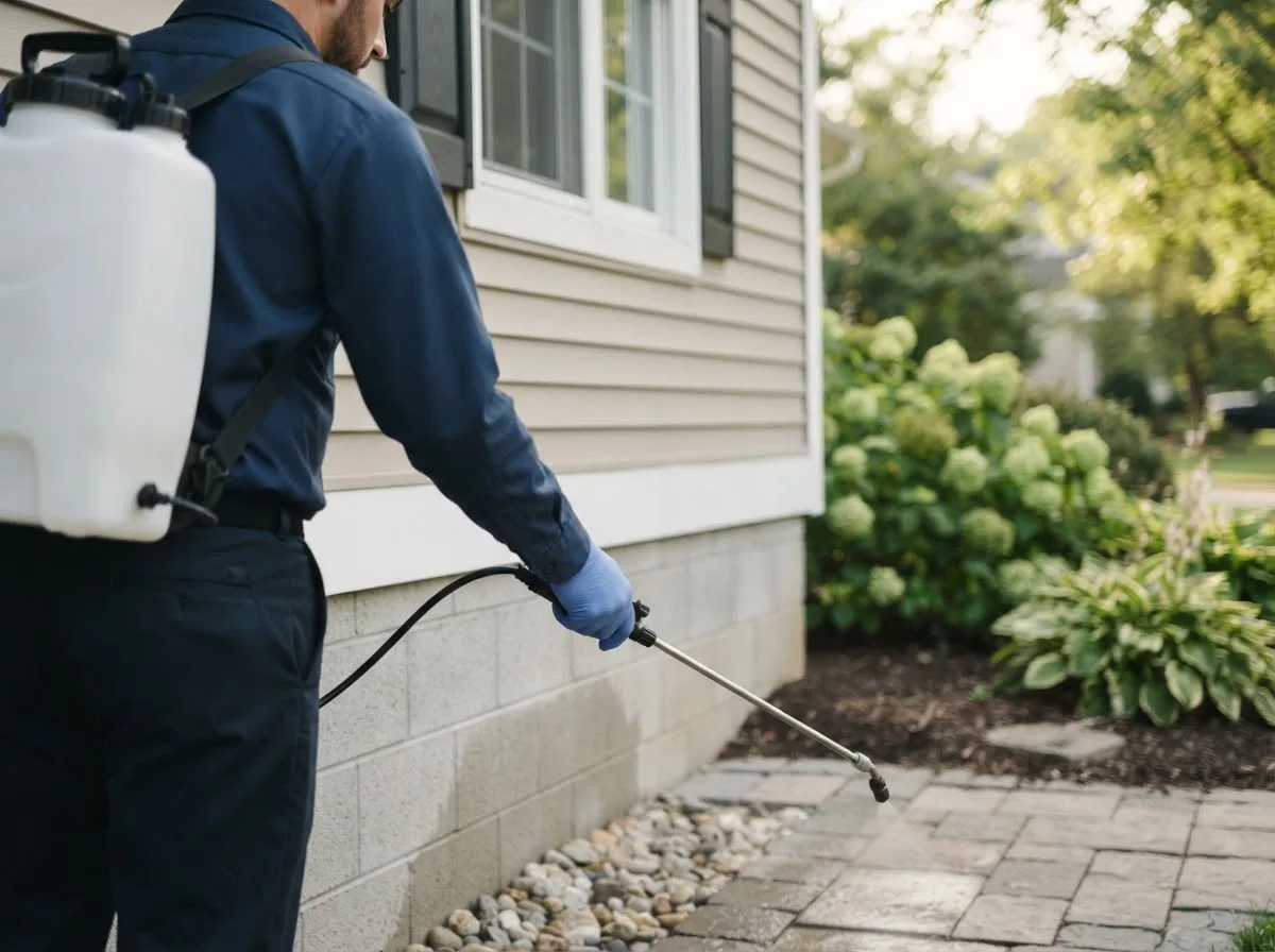 Pest control technician inspecting a home in King City, MO